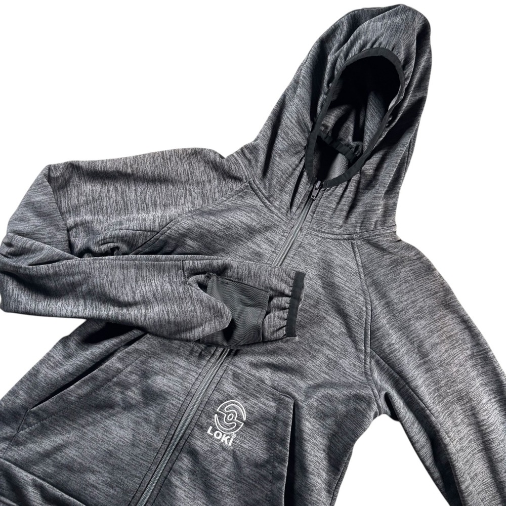 Loki Kids Tech Hoodie Gray Heather Full Zip Fleece Lined Built-in Mitts Sz 14/16